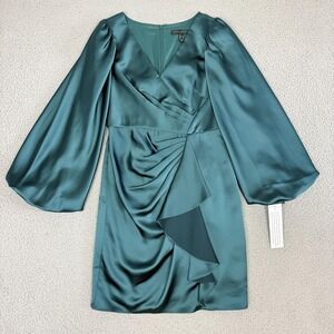 Aidan Mattox Dress sz 6 Forest Green Satin Cocktail Balloon Sleeve Ruffle